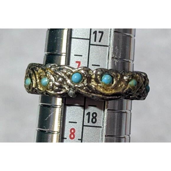 Vintage Whimsical Silver Tone Ring With Tiny Turquoise Accents - Picture 5 of 8